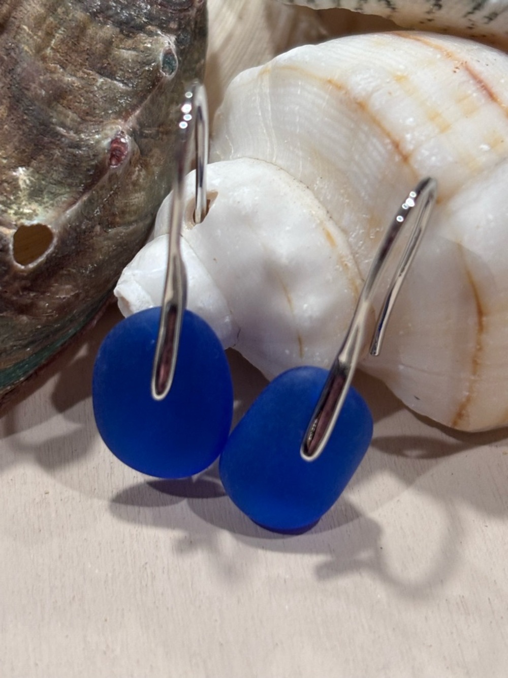 Royal Blue Sea Glass Drop Earrings on Platinum Plated Brass French Hooks